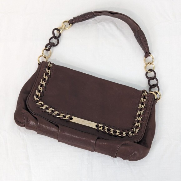 Michael Kors Brown Leather Gold ID Chain Shoulder Flap Handbag Purse MSRP $795 - Picture 1 of 15
